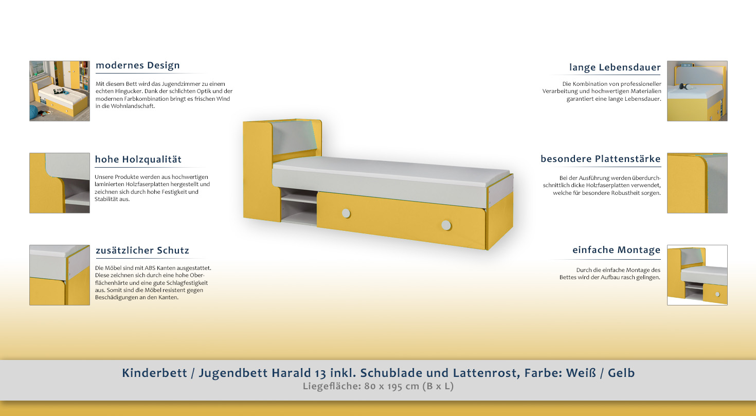 Kinderbett Jugendbett Harald 13 Inkl Schublade Und Lattenrost Farbe Weiß Gelb 80 X 195 Cm B X L