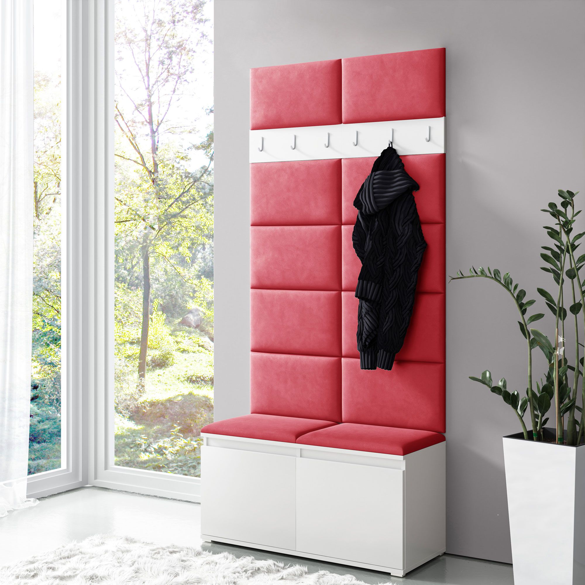 Schmale Garderobe 01 mit Sitzbank gepolstert, Farbe: Weiß/Red, 215 x 100 x 40 cm, für 8 Paar Schuhe, 6 Kleiderhaken, 4 Fächer