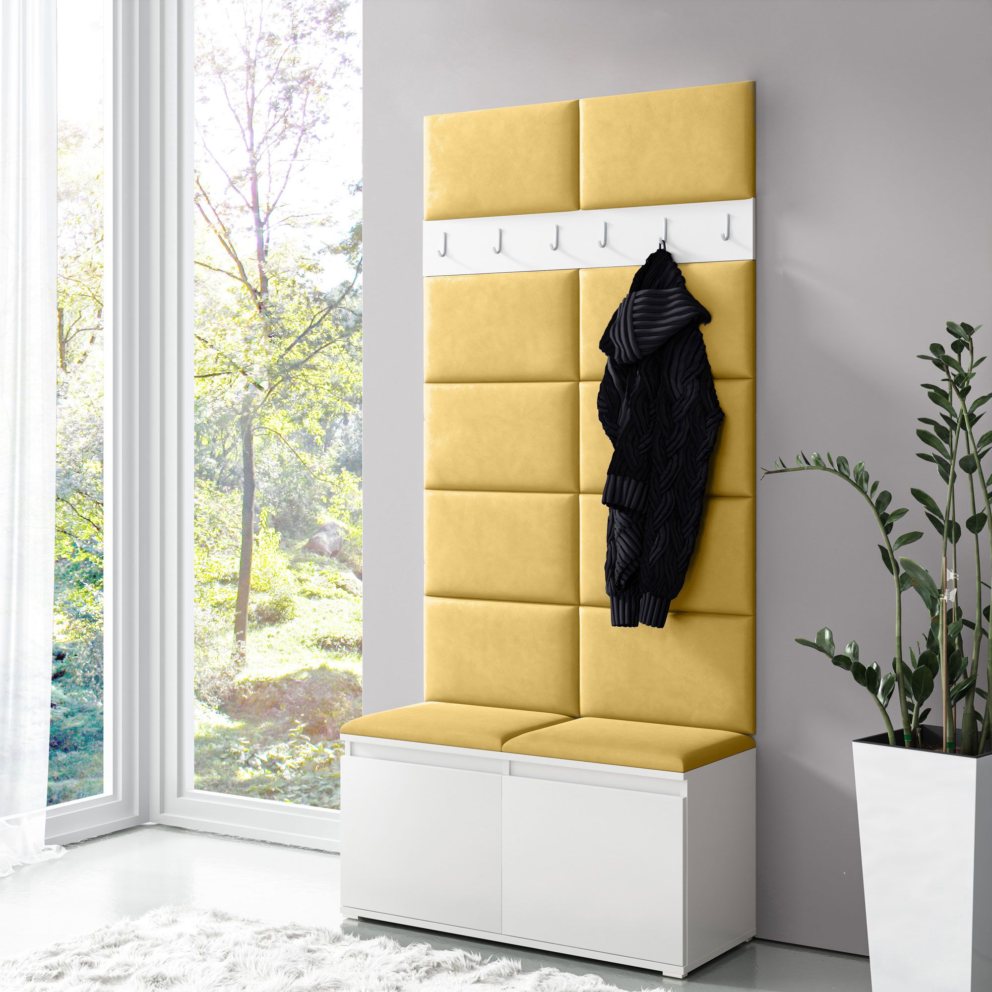 Garderobe 01 mit Gelben Polsterpaneele für Sitzbank und Wand, Weiß/Naples Yellow, 215 x 100 x 40 cm, für 8 Paar Schuhe, 6 Kleiderhaken, 4 Fächer