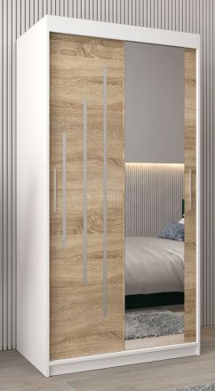 Schiebetürenschrank / Kleiderschrank mit Spiegel Tomlis 01B, Farbe: Weiß matt / Eiche Sonoma - Abmessungen: 200 x 100 x 62 cm (H x B x T)