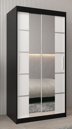 Schiebetürenschrank / Kleiderschrank Jan 01D mit Spiegel, Farbe: Schwarz / Weiß matt - Abmessungen: 200 x 100 x 62 cm (H x B x T)