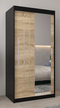 Schiebetürenschrank / Kleiderschrank mit Spiegel Tomlis 01B, Farbe: Schwarz / Eiche Sonoma - Abmessungen: 200 x 100 x 62 cm (H x B x T)