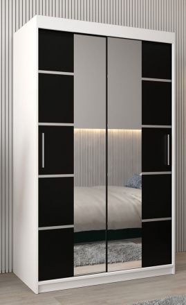 Schiebetürenschrank / Kleiderschrank Jan 02D mit Spiegel, Farbe: Weiß matt / Schwarz -  Abmessungen: 200 x 120 x 62 cm (H x B x T)