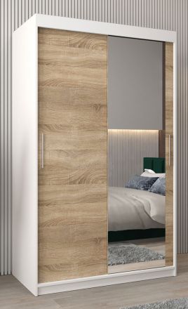 Schiebetürenschrank / Kleiderschrank Bisaurin 2C mit Spiegel, Farbe: Weiß matt / Eiche Sonoma - Abmessungen: 200 x 120 x 62 cm ( H x B x T)