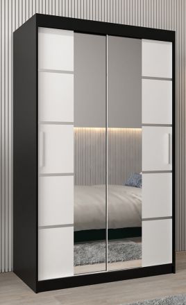 Schiebetürenschrank / Kleiderschrank Jan 02D mit Spiegel, Farbe: Schwarz / Weiß matt - Abmessungen: 200 x 120 x 62 cm (H x B x T)