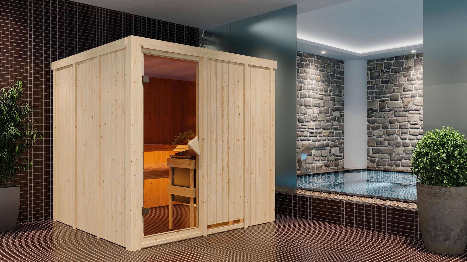 Sauna "Aleksi" mit bronzierter Tür - Farbe: Natur - 196 x 196 x 198 cm (B x T x H)