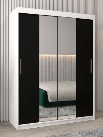 Schiebetürenschrank / Kleiderschrank Bisaurin 3B mit Spiegel, Farbe: Weiß matt / Schwarz - Abmessungen: 200 x 150 x 62 cm ( H x B x T)