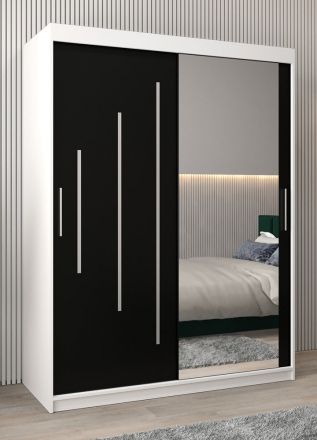 Schiebetürenschrank / Kleiderschrank mit Spiegel Tomlis 03B, Farbe: Weiß matt / Schwarz - Abmessungen: 200 x 150 x 62 cm (H x B x T)