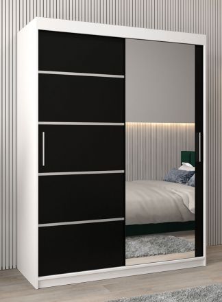 Schiebetürenschrank / Kleiderschrank Jan 03B mit Spiegel, Farbe: Weiß matt / Schwarz - Abmessungen: 200 x 150 x 62 cm ( H x B x T)