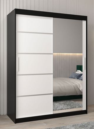Schiebetürenschrank / Kleiderschrank Jan 03B mit Spiegel, Farbe: Schwarz / Weiß matt - Abmessungen: 200 x 150 x 62 cm ( H x B x T)