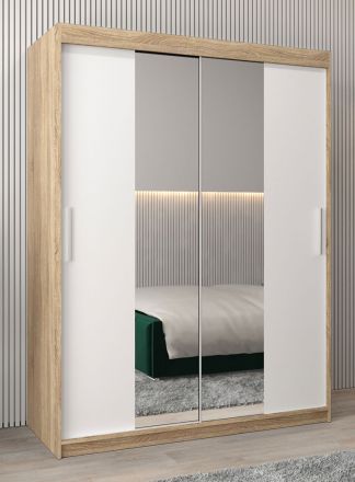 Schiebetürenschrank / Kleiderschrank Bisaurin 3B mit Spiegel, Farbe: Eiche Sonoma / Weiß matt - Abmessungen: 200 x 150 x 62 cm ( H x B x T)