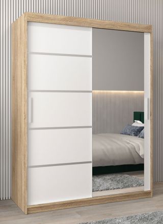 Schiebetürenschrank / Kleiderschrank Jan 03B mit Spiegel, Farbe: Eiche Sonoma / Weiß matt - Abmessungen: 200 x 150 x 62 cm ( H x B x T)