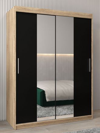 Schiebetürenschrank / Kleiderschrank Bisaurin 3B mit Spiegel, Farbe: Eiche Sonoma / Schwarz - Abmessungen: 200 x 150 x 62 cm ( H x B x T)