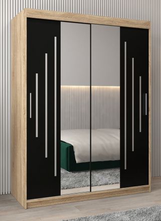 Schiebetürenschrank / Kleiderschrank mit Spiegel Tomlis 03A, Farbe: Eiche Sonoma / Schwarz - Abmessungen: 200 x 150 x 62 cm (H x B x T)