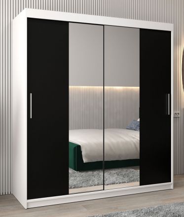 Schiebetürenschrank / Kleiderschrank Bisaurin 4B mit Spiegel, Farbe: Weiß matt / Schwarz - Abmessungen: 200 x 180 x 62 cm ( H x B x T)
