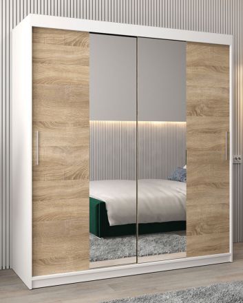 Schiebetürenschrank / Kleiderschrank Bisaurin 4B mit Spiegel, Farbe: Weiß matt / Eiche Sonoma - Abmessungen: 200 x 180 x 62 cm ( H x B x T)