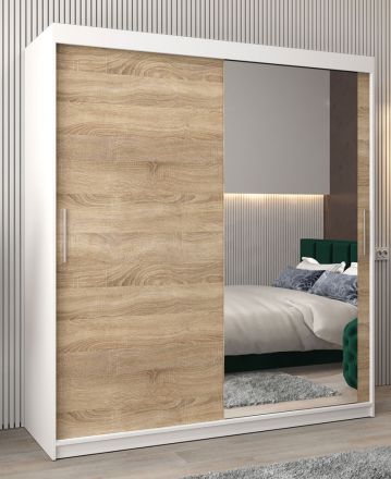 Schiebetürenschrank / Kleiderschrank Bisaurin 4C mit Spiegel, Farbe: Weiß matt / Eiche Sonoma - Abmessungen: 200 x 180 x 62 cm ( H x B x T)