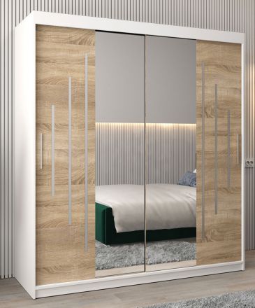 Schiebetürenschrank / Kleiderschrank mit Spiegel Tomlis 04A, Farbe: Weiß matt / Eiche Sonoma - Abmessungen: 200 x 180 x 62 cm (H x B x T)