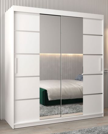 Schiebetürenschrank / Kleiderschrank Jan 04D mit Spiegel, Farbe: Weiß matt - Abmessungen: 200 x 180 x 62 cm (H x B x T)