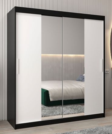 Schiebetürenschrank / Kleiderschrank Bisaurin 4B mit Spiegel, Farbe: Schwarz / Weiß matt - Abmessungen: 200 x 180 x 62 cm ( H x B x T)