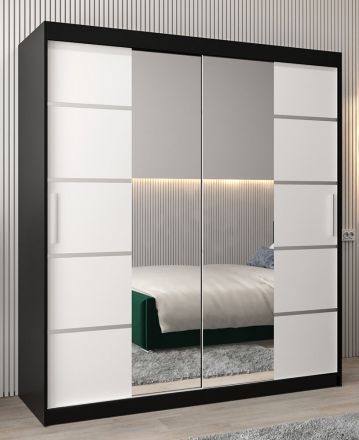 Schiebetürenschrank / Kleiderschrank Jan 04D mit Spiegel, Farbe: Schwarz / Weiß matt  - Abmessungen: 200 x 180 x 62 cm (H x B x T)