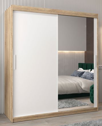 Schiebetürenschrank / Kleiderschrank Bisaurin 4C mit Spiegel, Farbe: Eiche Sonoma / Weiß matt - Abmessungen: 200 x 180 x 62 cm ( H x B x T)