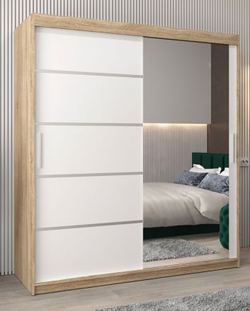 Schiebetürenschrank / Kleiderschrank Jan 04B mit Spiegel, Farbe: Eiche Sonoma / Weiß Matt - Abmessungen: 200 x 180 x 62 cm ( H x B x T)