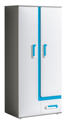 Moderner Jugendzimmer - Kleiderschrank Oskar 01 mit 2 Türen, Farbe: Anthrazit / Weiß / Blau - 192 x 85 x 50 cm, 1 Kleiderstange, flache Griffe, 1 Schublade