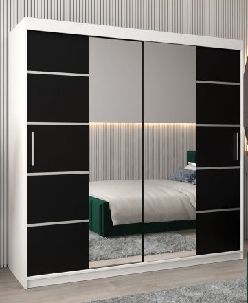 Schiebetürenschrank / Kleiderschrank Jan 05D mit Spiegel, Farbe: Weiß matt / Schwarz - Abmessungen: 200 x 200 x 62 cm (H x B x T)