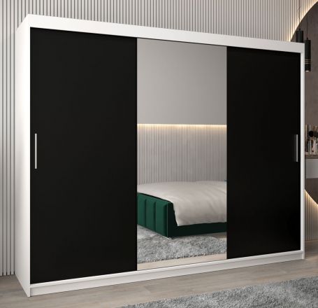Schiebetürenschrank / Kleiderschrank Bisaurin 6B mit Spiegel, Farbe: Weiß matt / Schwarz - Abmessungen: 200 x 250 x 62 cm ( H x B x T)