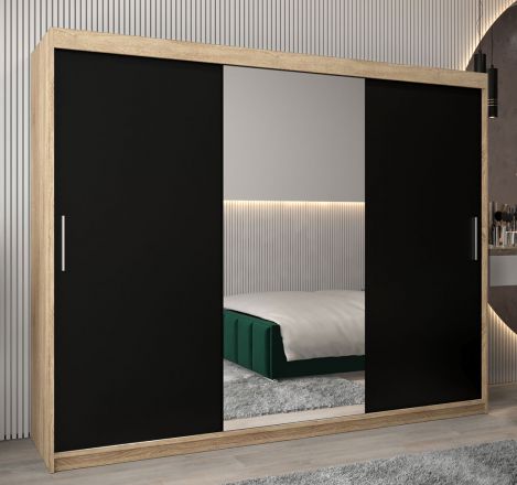 Schiebetürenschrank / Kleiderschrank Bisaurin 6B mit Spiegel, Farbe: Eiche Sonoma / Schwarz - Abmessungen: 200 x 250 x 62 cm ( H x B x T)