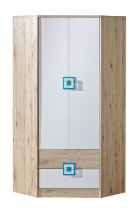 Kinderzimmer - Drehtürenschrank / Eckkleiderschrank Fabian 02, Farbe: Eiche Hellbraun / Weiß / Blau - 190 x 87 x 87 cm (H x B x T)