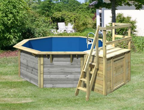 Pool Modell 1 X SET aus Holz, Farbe: Wassergrau Lasiert, Ø 432,5 cm, mit Leitern & Terrasse