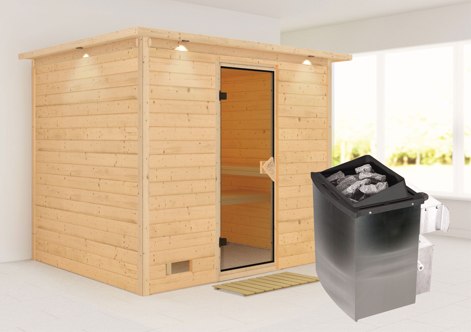 Sauna "Leja" SET mit bronzierter Tür und Kranz  mit Ofen 9 kW - 259 x 210 x 205 cm (B x T x H)