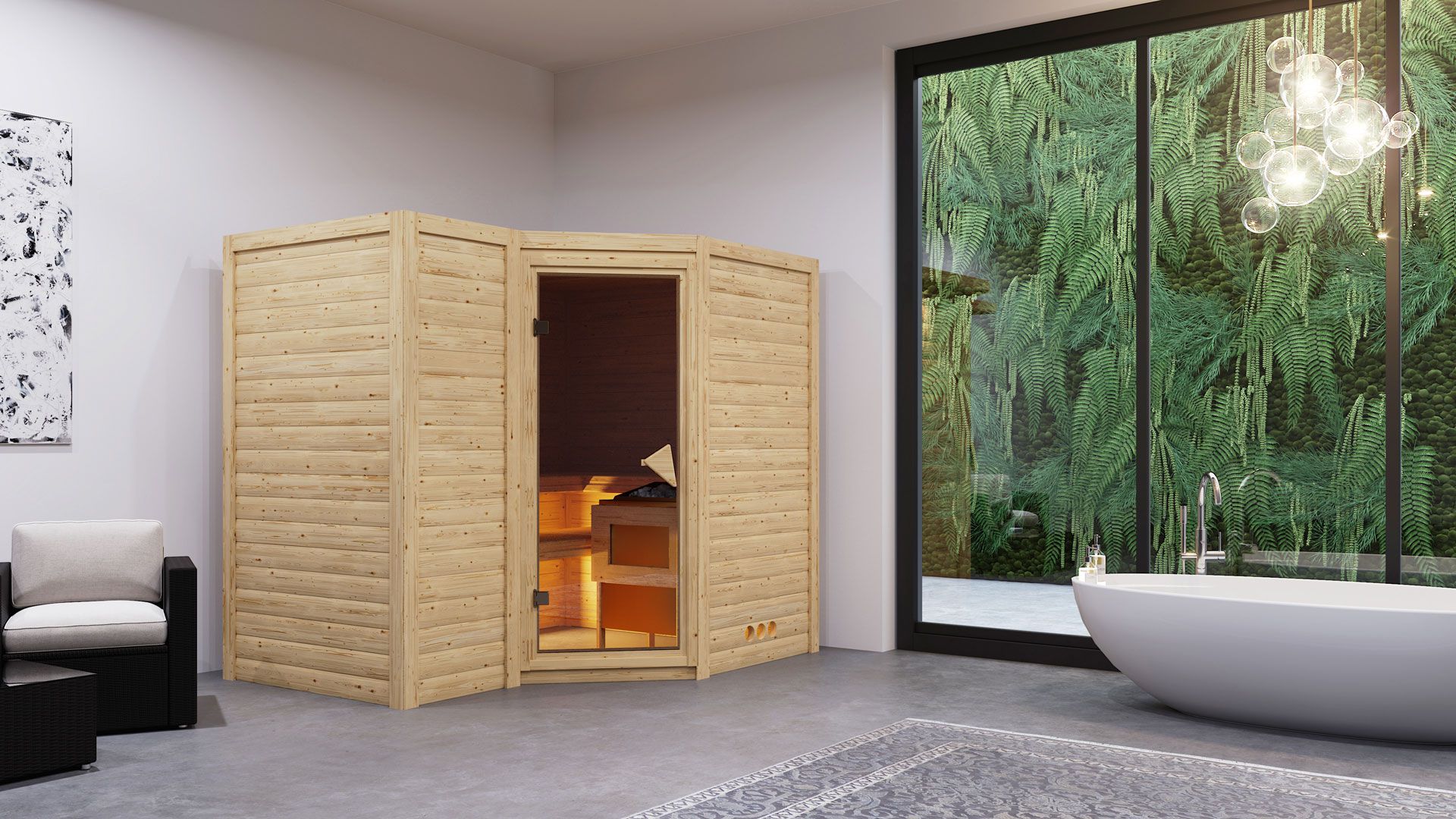 Sauna "Tjara 2" SET mit bronzierter Tür - Farbe: Natur, Ofen 9 kW - 236 x 184 x 209 cm (B x T x H)