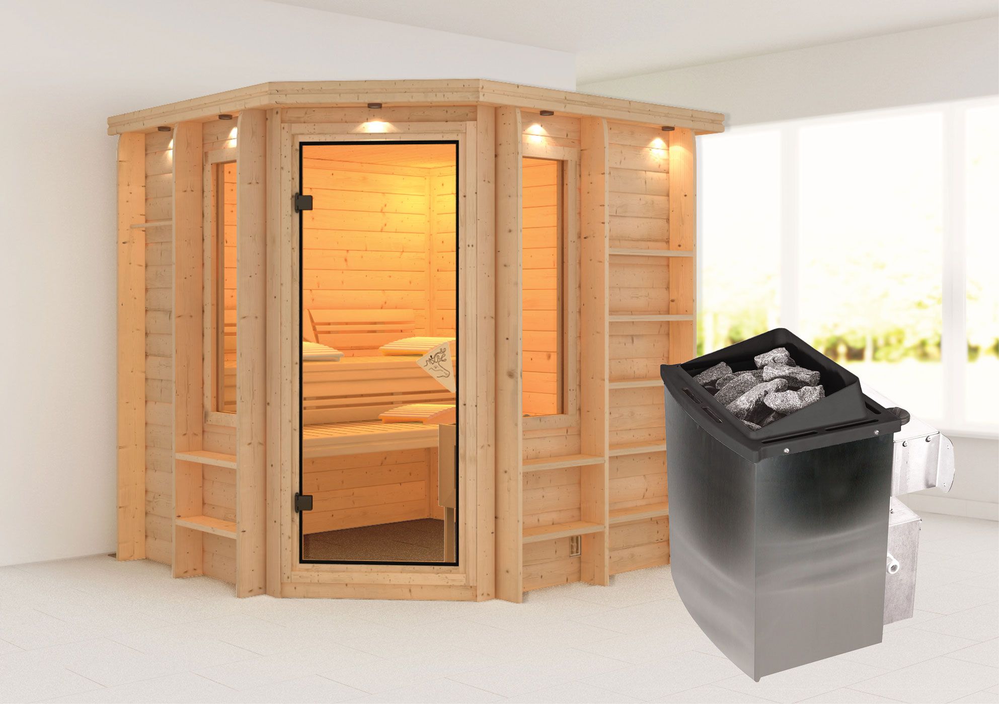 Sauna "Enania" SET mit bronzierter Tür und Kranz  mit Ofen 9 kW - 224 x 210 x 206 cm (B x T x H)
