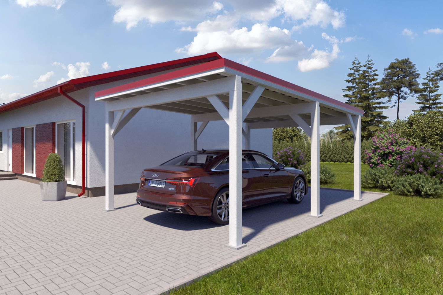 Einzelcarport "Stabil" 6 x 4 m (LxB) | 250 kg/m² Dachlast | 24 m² | Reinweiß mit rotem Trapezblechdach