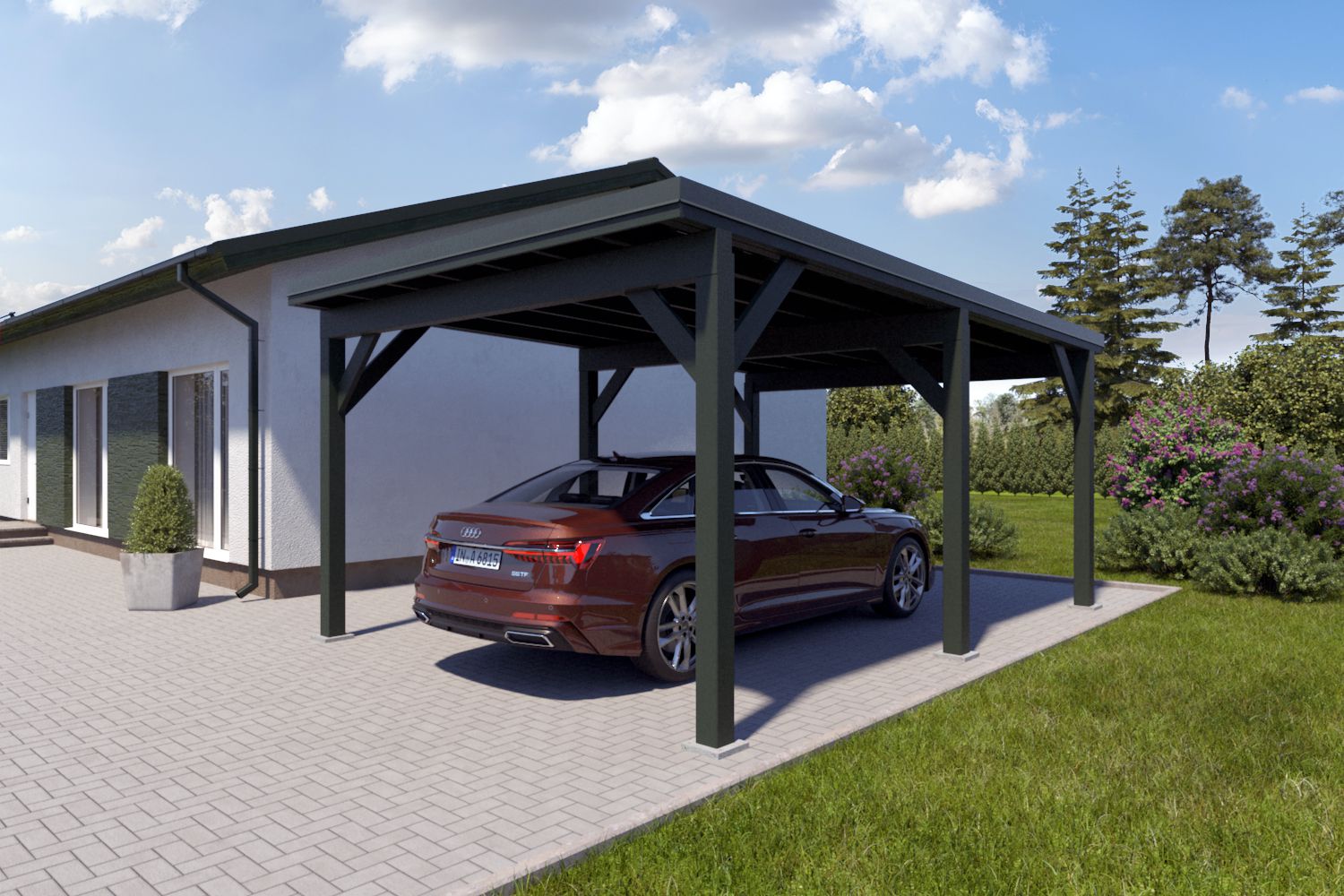 Einzelcarport "Stabil" 6 x 4 m (LxB) | 250 kg/m² Dachlast | 24 m² | Chromoxidgrün mit dorngrünem Trapezblechdach