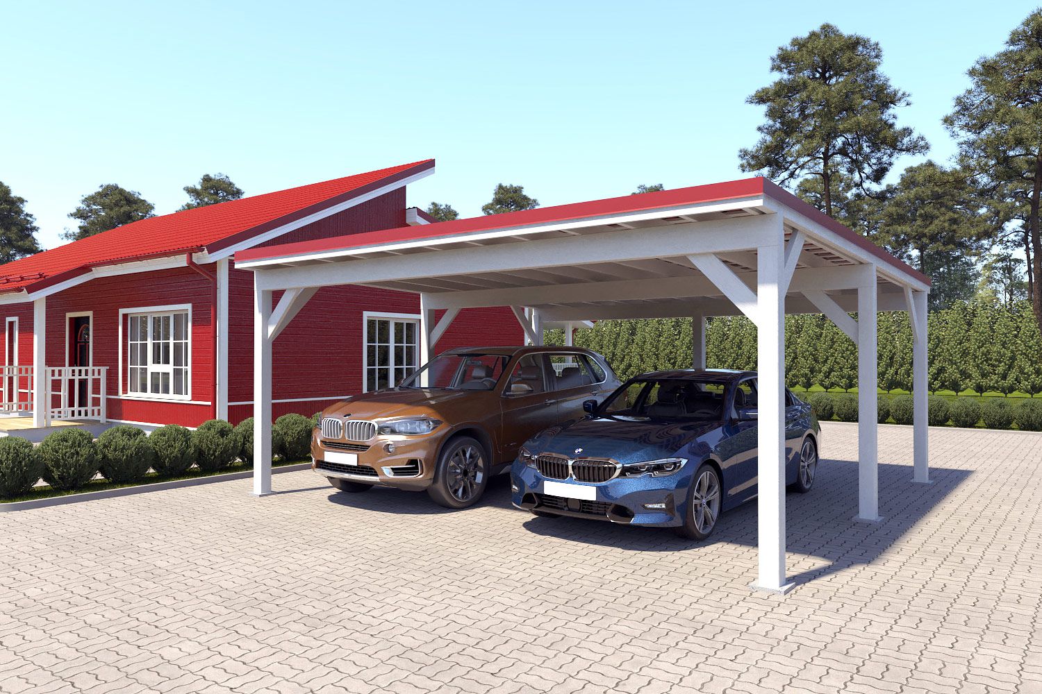 Doppelcarport "Stabil" 6 x 6 m (LxB) | 250 kg/m² Dachlast | 36 m² | Reinweiß mit rotem Dach