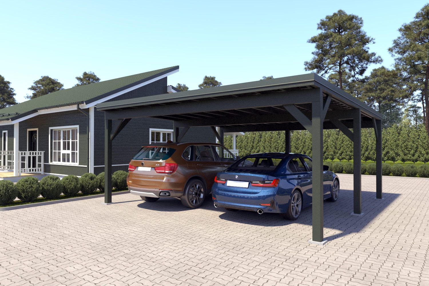 Doppelcarport "Stabil" 6 x 6 m (LxB) | 250 kg/m² Dachlast | 36 m² | Chromoxidgrün mit dorngrünem Dach