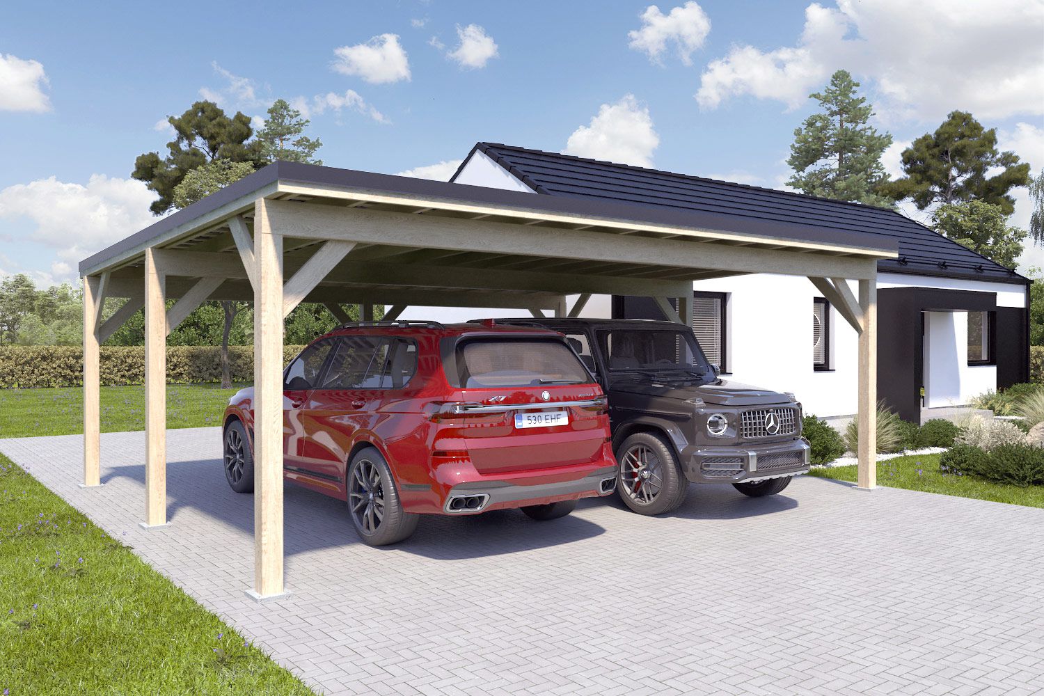 Doppelcarport "Stabil" 6 x 7 m (LxB) | 250 kg/m² Dachlast | 42 m² | Natur mit schwarzem Dach