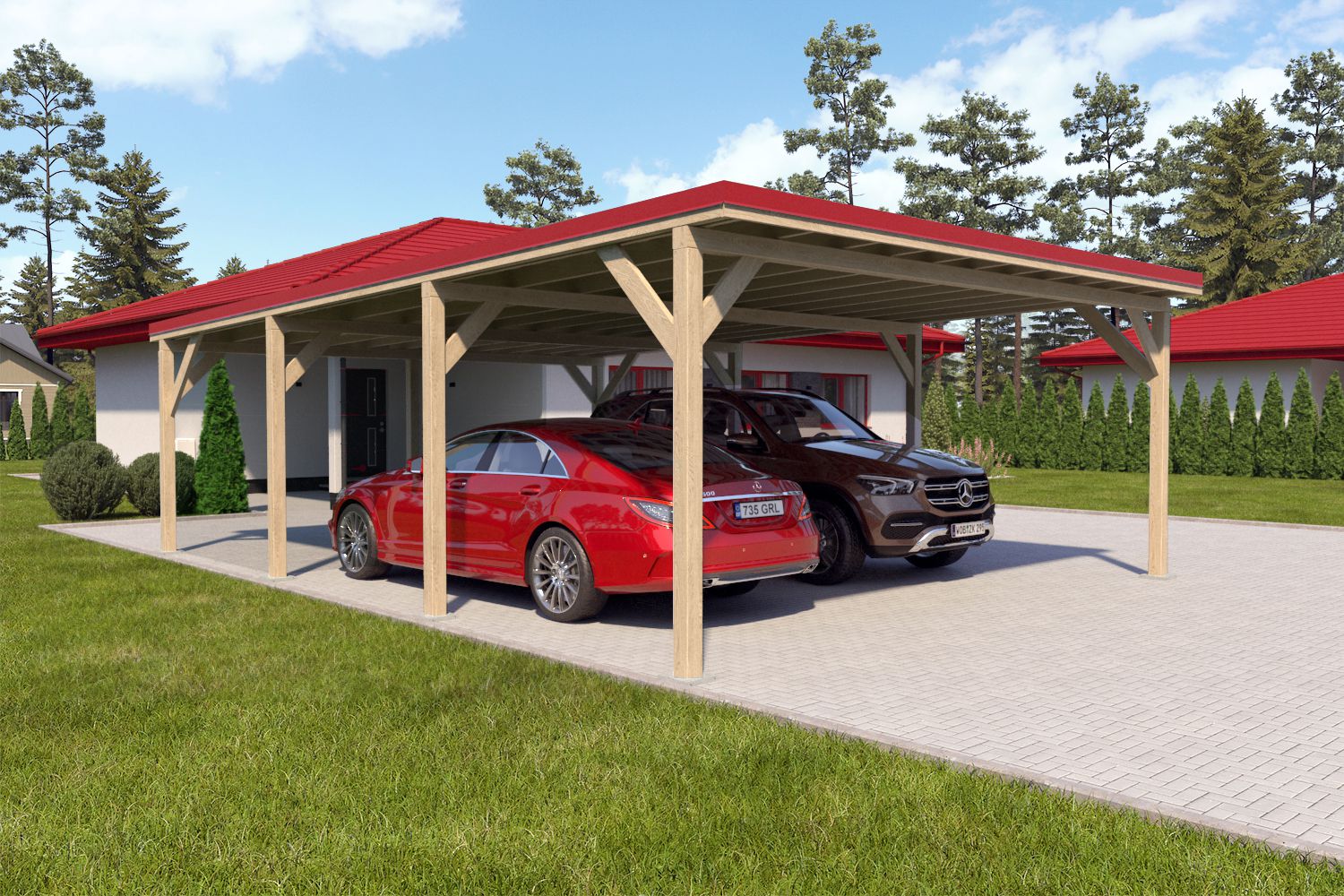 Doppelcarport "Stabil" 8,7 x 6 m (LxB) | 250 kg/m² Dachlast | 52 m² | Natur mit rotem Dach