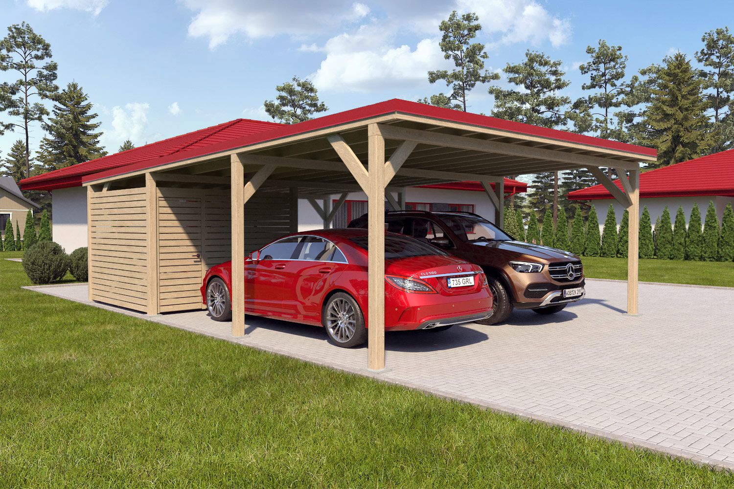 Doppelcarport "Stabil" 8,7 x 6 m (LxB) | 250 kg/m² Dachlast | 52 m² | Natur mit rotem Dach inkl. kleinem Geräteraum