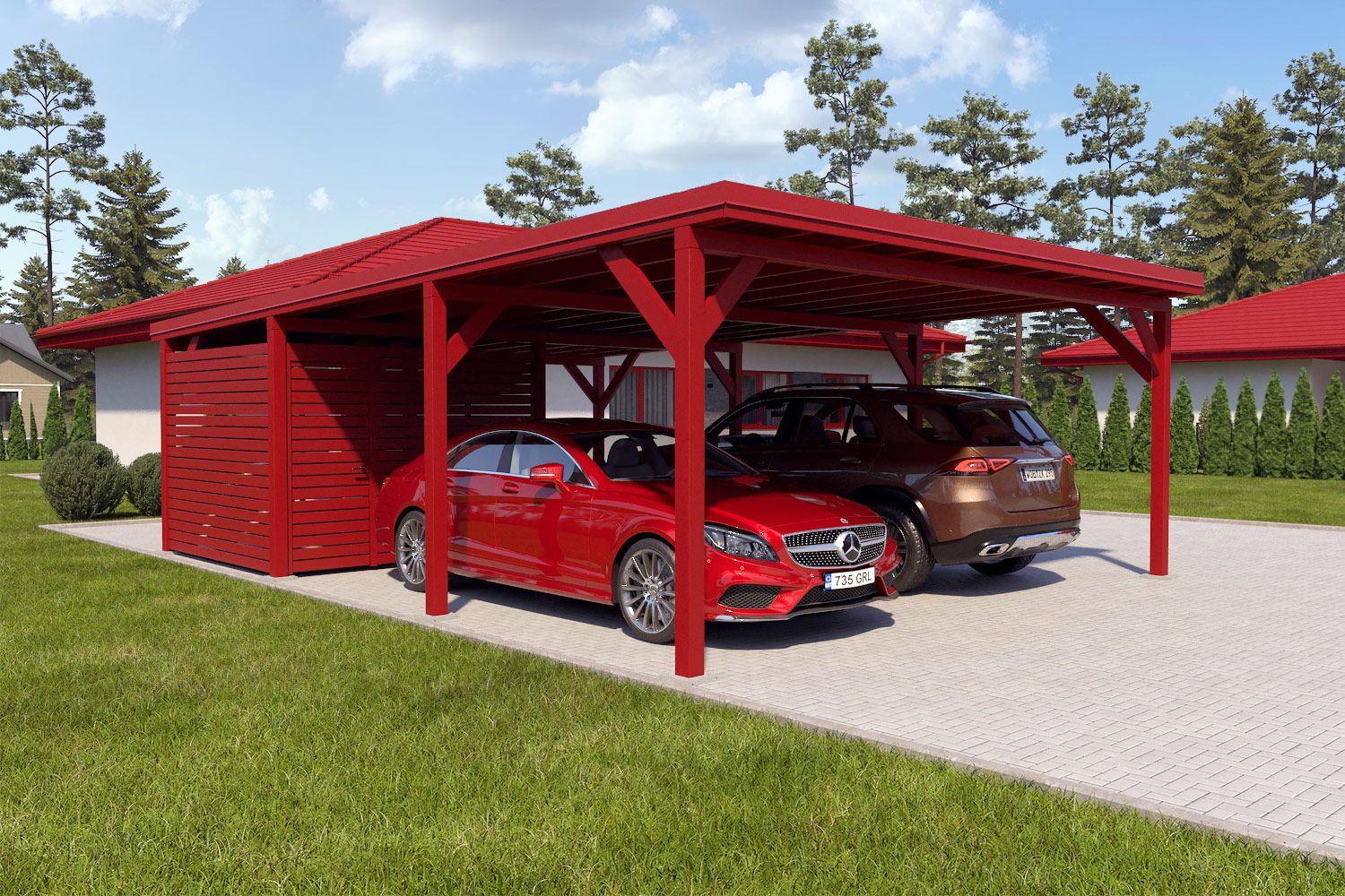 Doppelcarport "Stabil" 8,7 x 6 m (LxB) | 250 kg/m² Dachlast | 52 m² | Oxidrot mit rotem Dach inkl. kleinem Geräteraum