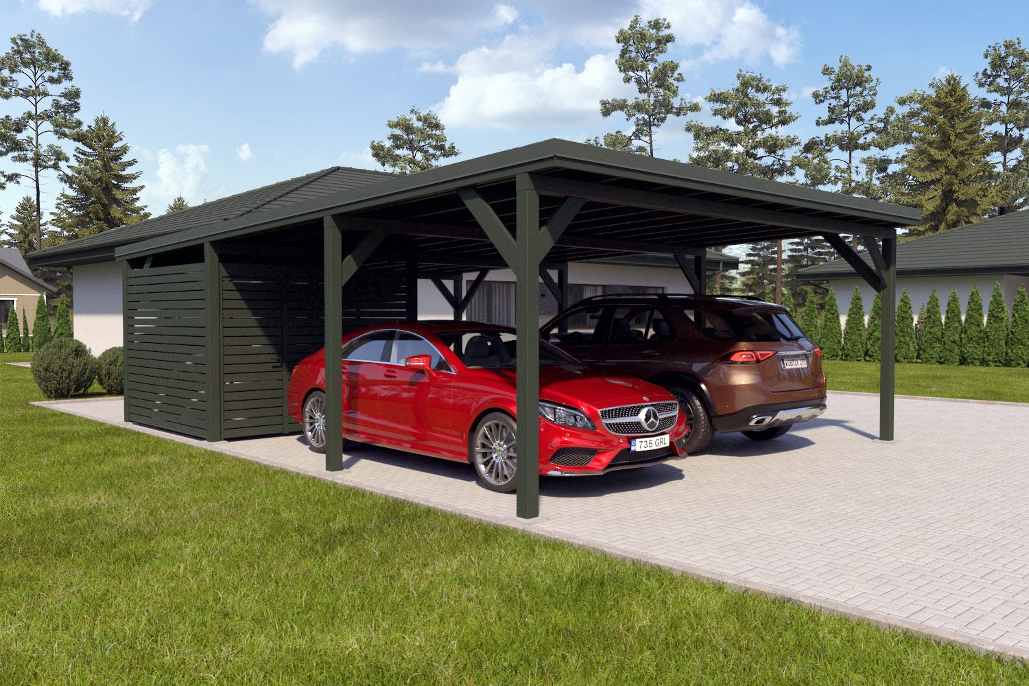 Doppelcarport "Stabil" 8,7 x 6 m (LxB) | 250 kg/m² Dachlast | 52 m² | Chromoxidgrün mit dorngrünem Dach inkl. kleinem Geräteraum
