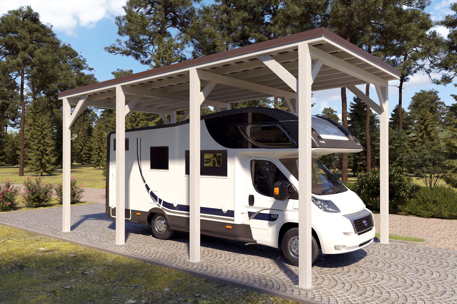 Camping Carport "Stabil" 7 x 4 m (LxB) | 250 kg/m² Dachlast | 28 m² | Reinweiß mit dunkelbraunem Dach