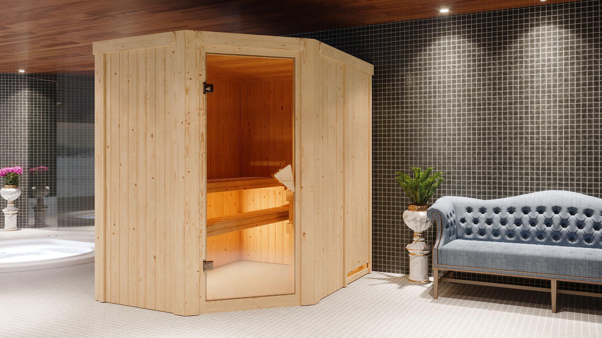 Sauna "Mika" mit bronzierter Tür - Farbe: Natur - 151 x 196 x 198 cm (B x T x H)