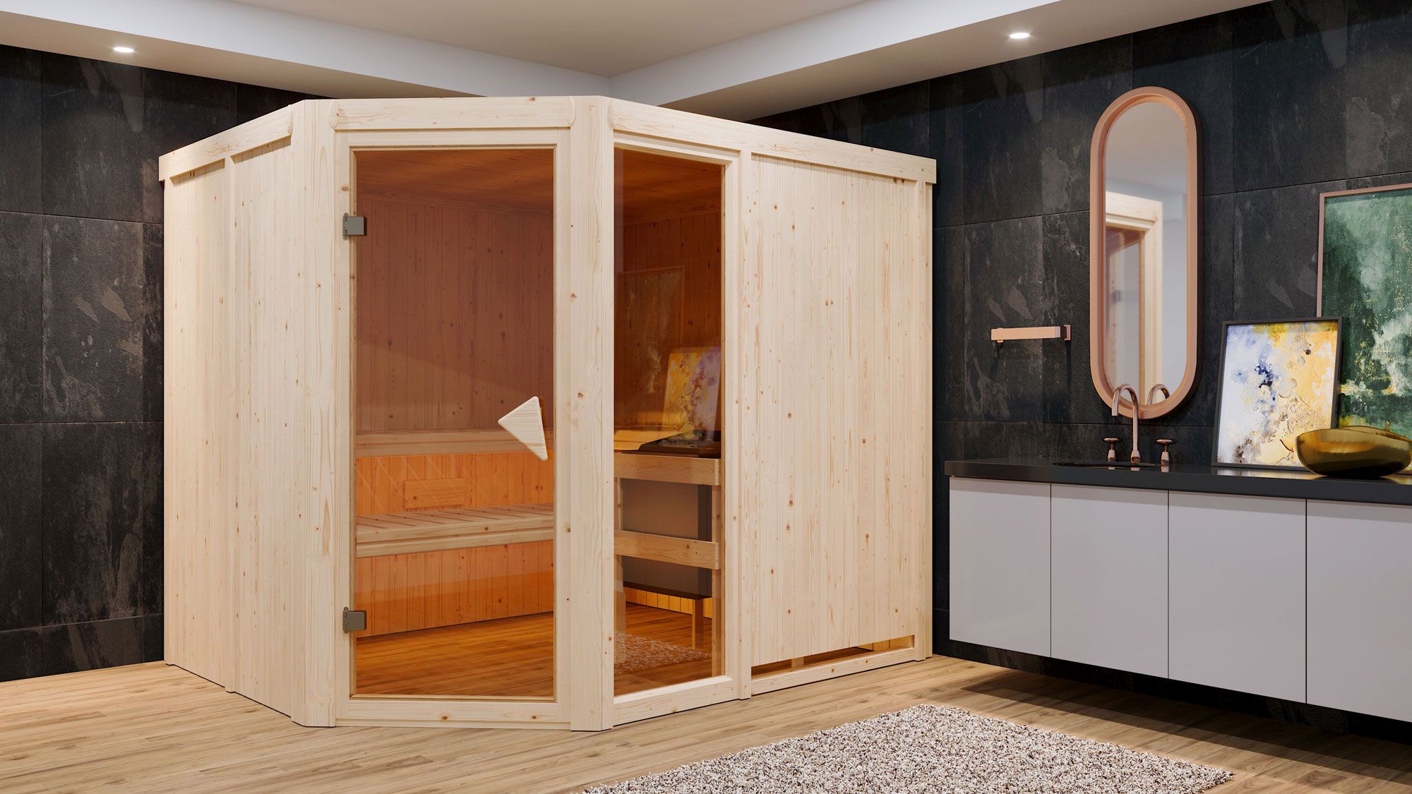 Sauna "Bjarki 3" mit bronzierter Tür - Farbe: Natur - 231 x 196 x 198 cm (B x T x H)