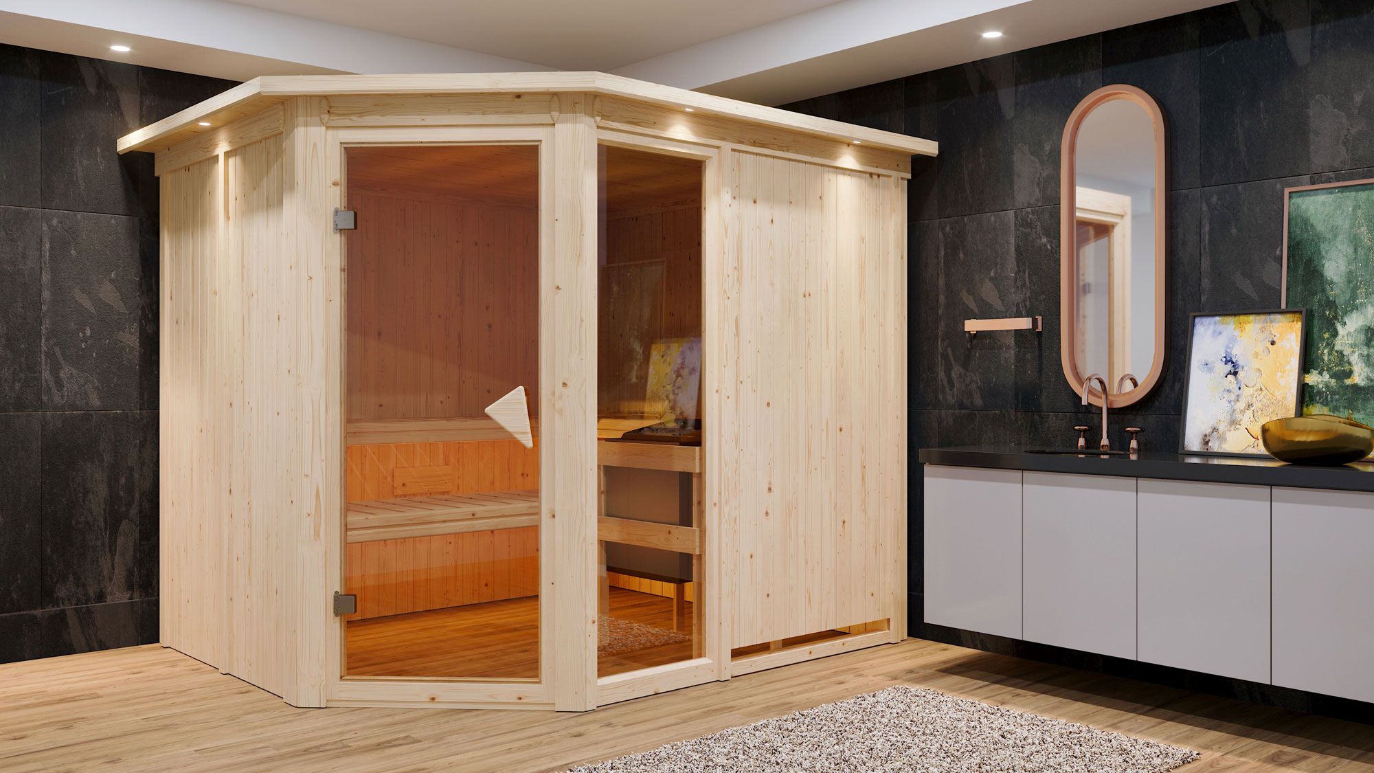 Sauna "Bjarki 3" mit bronzierter Tür und Kranz - Farbe: Natur - 245 x 210 x 202 cm (B x T x H)