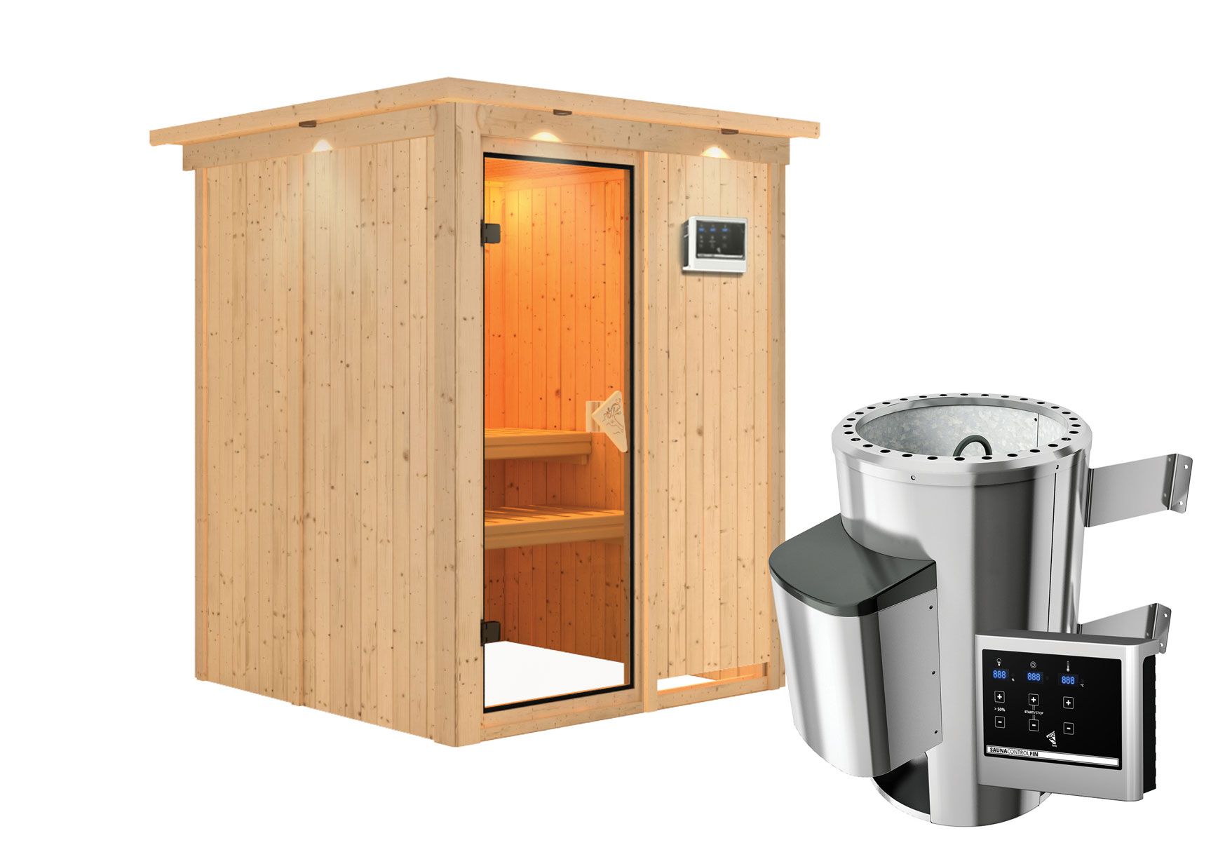 Sauna "Joran" SET mit bronzierter Tür und Kranz - Farbe: Natur, Ofen externe Steuerung easy 3,6 kW - 165 x 165 x 202 cm (B x T x H)